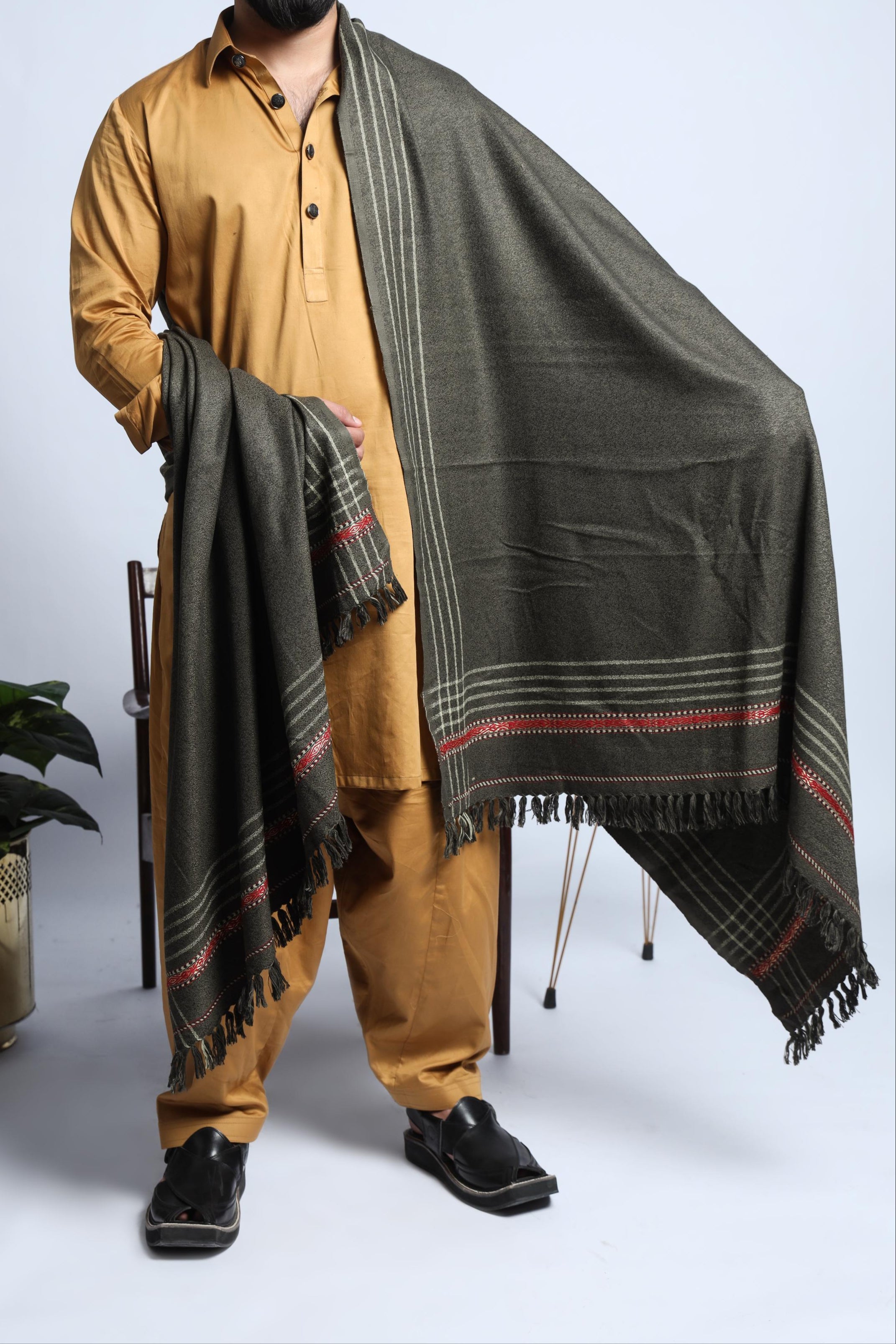 Arman Green & Black Textured Men Shawl